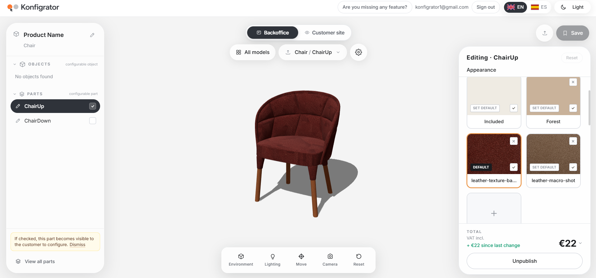 Konfigrator backoffice — appearance options on a 3D chair