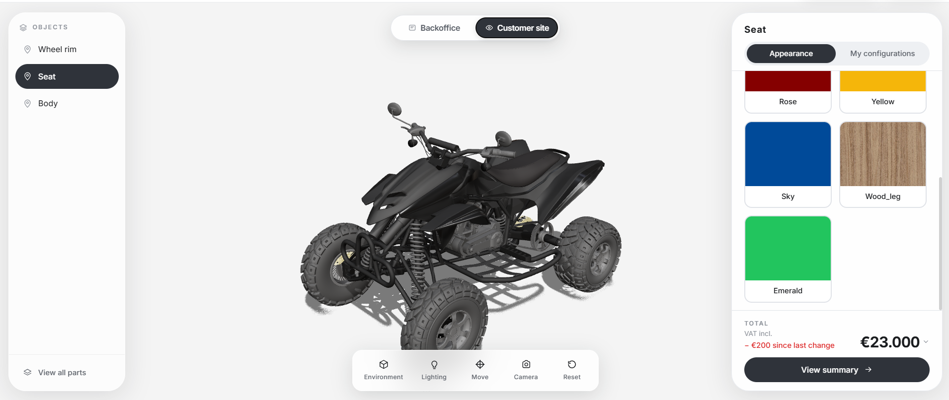 Customer site — buyers choose seat options on a live 3D quad