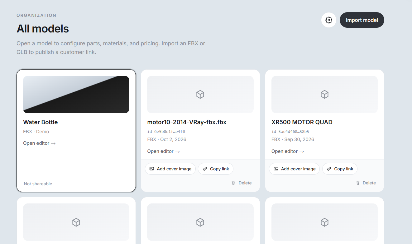All models — import products and open them in the editor